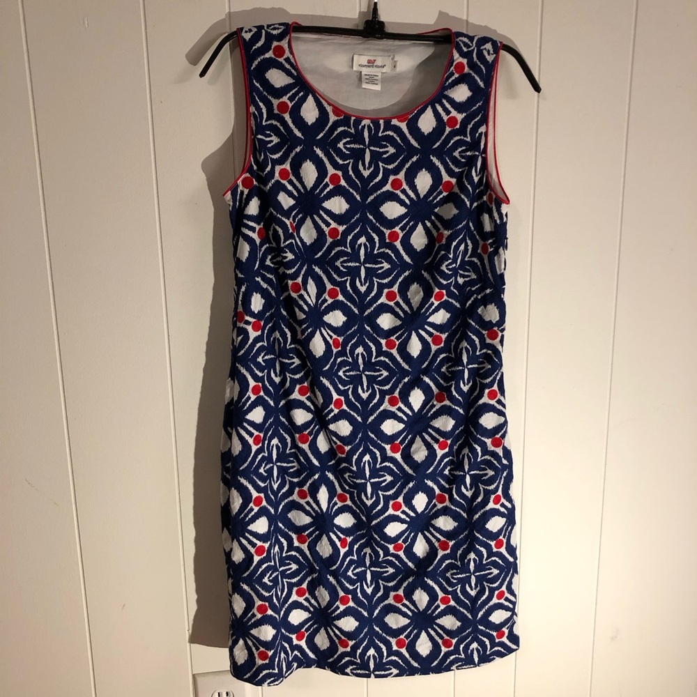 Vineyard Vines Whale Tail Tile Blue, Red & White Sheath Mini Dress Size 4